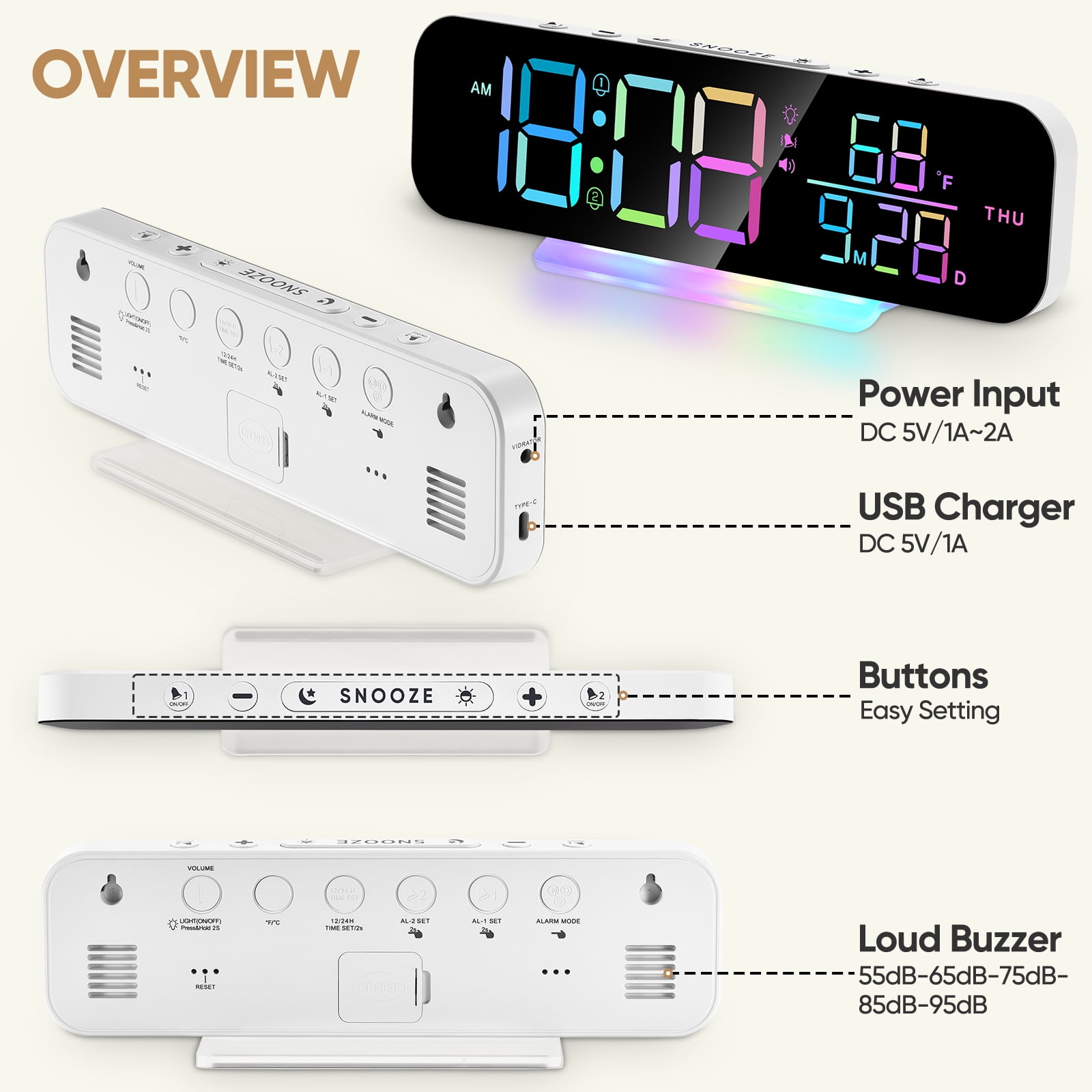 ITIGOITIE Extra Loud Vibrating Alarm Clock,Adjustable Volume,Dimmer,Large LED Digital with RGB Night Light for Bedrooms,Kids,Teens(White)