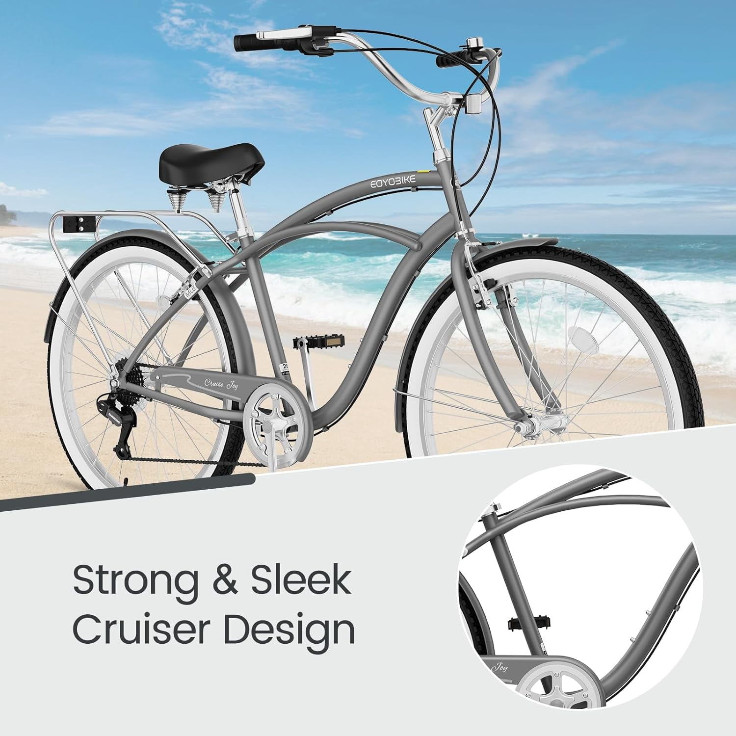 ABORON 26" Beach Cruiser Bike Women Men, Lightweight Adult Cruiser Bike with Rack, 7-Speed Cruiser Bicycle for Commuting, Carbon Steel Frame Commuter Bicycle