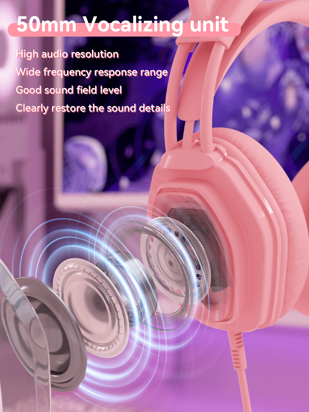 Wantek V10 Cat Ear Style Gaming Headset with comfortable fit and vibrant RGB lighting, Hi-Fi Sound - Pink