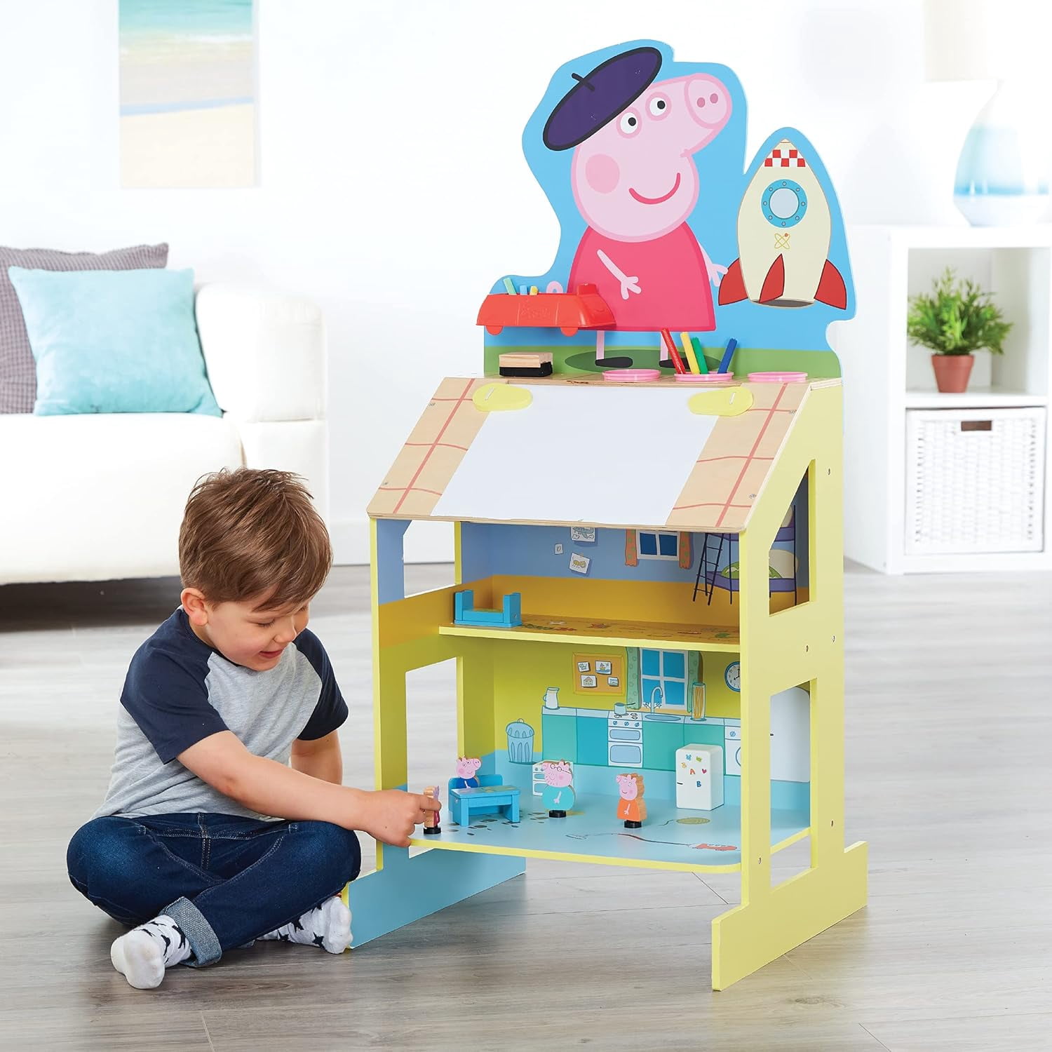 Peppa Pig 42" Tall Wooden Play Easel Chalkboard Fun Drawing 2-Story Peppa House