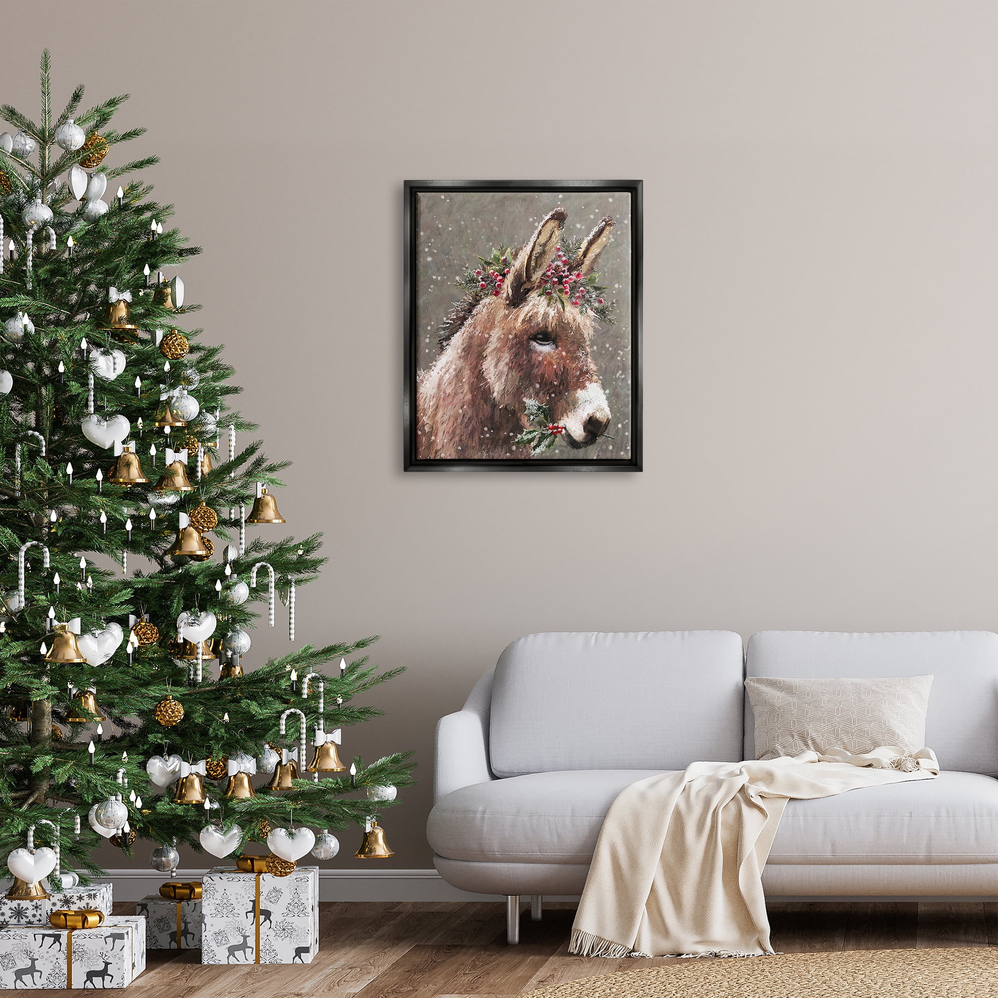 Stupell Industries Winter Donkey Snow Falling Holiday Painting Black Floater Framed Art Print Wall Art