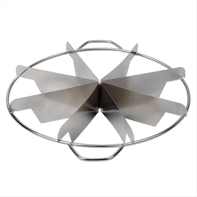 cortador de tartas de acero inoxidable el cortador de tartas de 8 rebanadas crea porciones de tarta maravillosamente uniformes Vista cenital centrada del cortador divisor con aro circular y ocho hojas radiales de acero inoxidable que forman porciones triangulares iguales; dos asas opuestas para agarre seguro. Acabado plateado, pensado para cortar tartas, quiches y pasteles con limpieza y manejo sencillos; suele usarse también para marcar porciones uniformes antes de hornear.