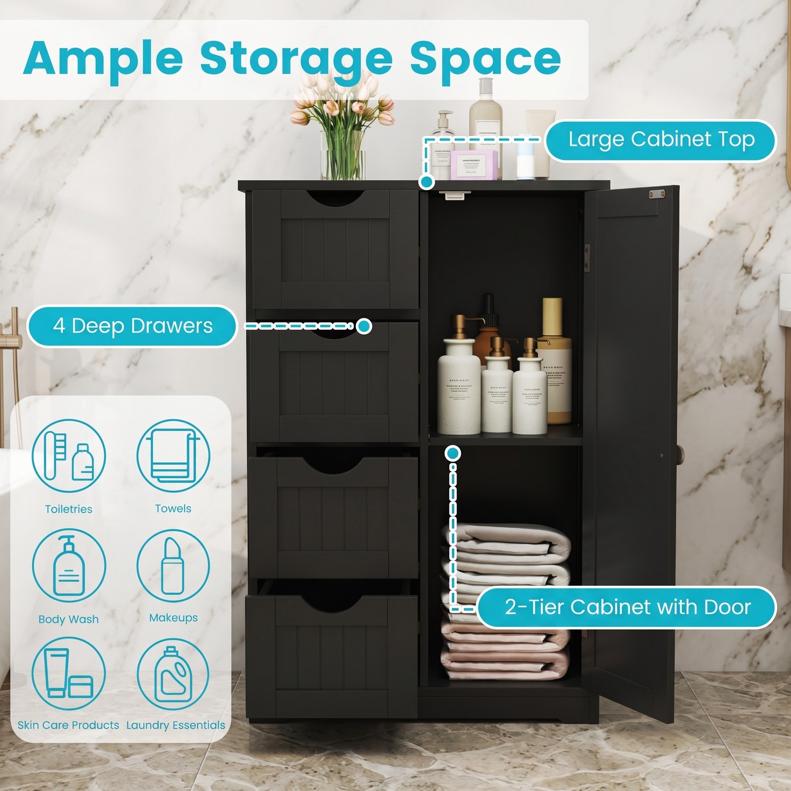 Fenbeli 4-Drawer Wooden Storage Cabinet with Side Door, Freestanding Bathroom Floor Organizer Chest for Living Room Bedroom Hallway, Modern Nightstand with, Black