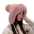 thumbnail image 3 of Women's Cute Winter Knit Hat, Plush Faux Fur Brim and Pom Pom, Tie String Ear Warmer Beanie, Cold Weather Fleece Lined Pullover Cap for Outdoor Pink, 3 of 4