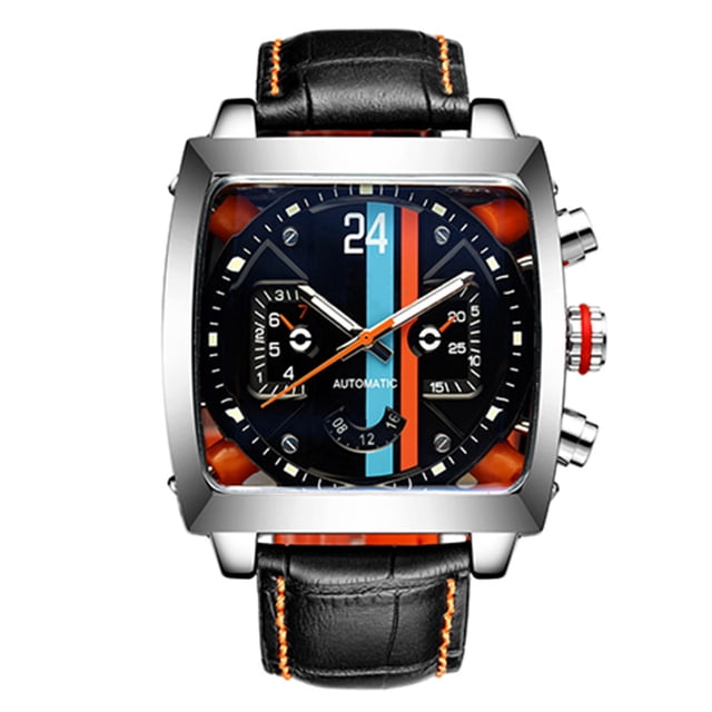 Reloj de pulsera mecánico automático de cuero para hombre, luminoso, informal, cuadrado, blanco y negro Yuarrent EL002804-02