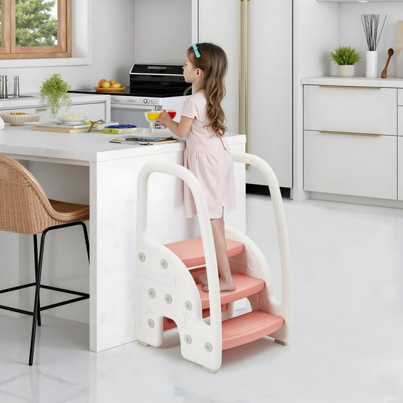 Juiluna Toddler Step Stool for Bathroom Sink, Kids 3 Step Stool with Safety Handles, Three Step Ladder for Kitchen, Bed, Toilet Potty Training, Non-Slip Standing Stool for Baby Learning, Pink