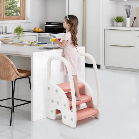 Juiluna Toddler Step Stool for Bathroom Sink, Kids 3 Step Stool with Safety Handles, Three Step Ladder for Kitchen, Bed, Toilet Potty Training, Non-Slip Standing Stool for Baby Learning, Pink