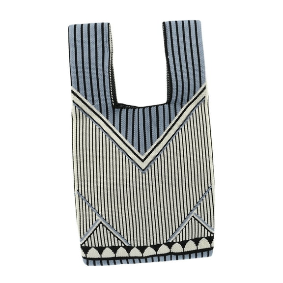 Unique Bargains 1 Pc Reusable Mesh Net Grocery Tote Bags Collar Stripes Beige Blue for Market Shopping