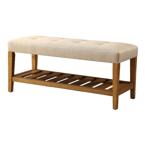 JUYG Tufted Padded Seat Bench, Beige and Oak