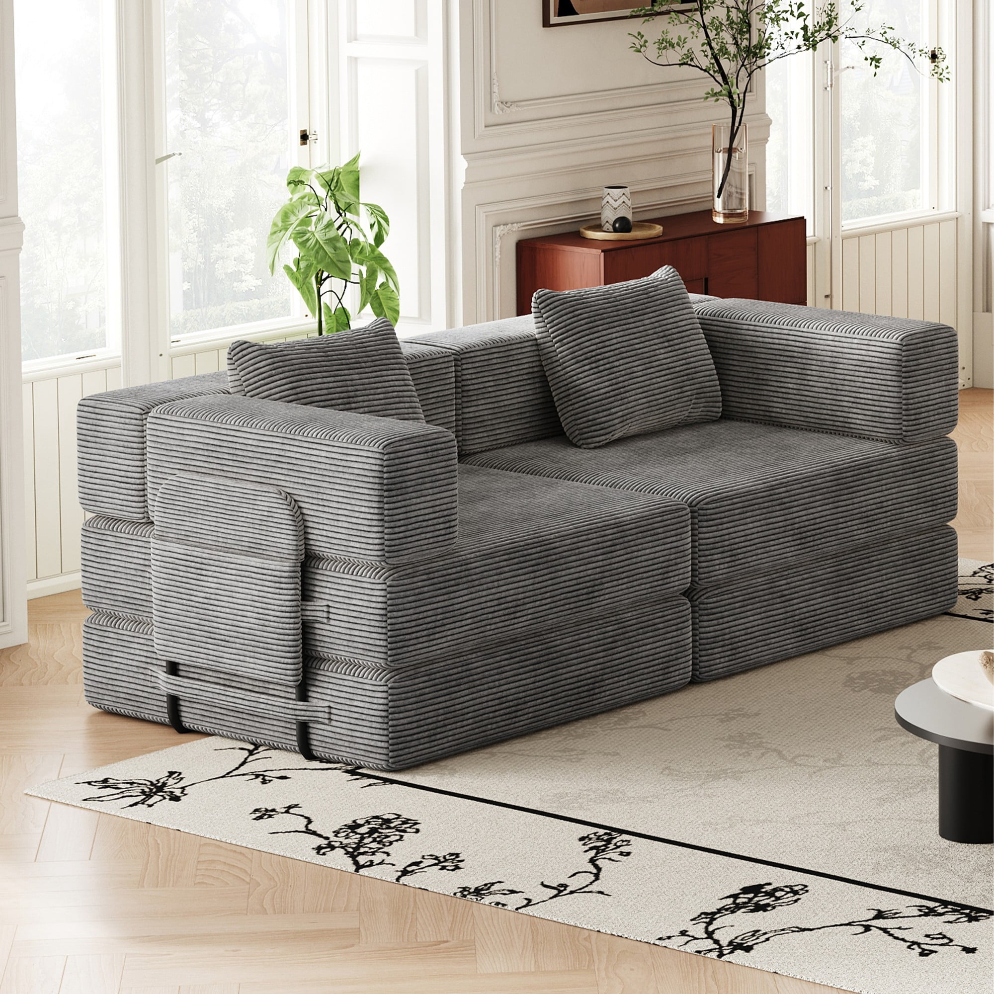 72" Convertible Corduroy Sofa Bed,Folding Sleeper Couch with Two Side Storage Pockets & Two Cushions for Living Room,Bedroom,Grey