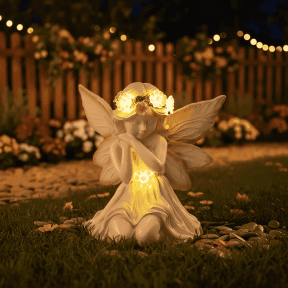 Lumiartisan 6.7" Solar Angel Garden Statue with Flower Light, Outdoor Decor for Yard