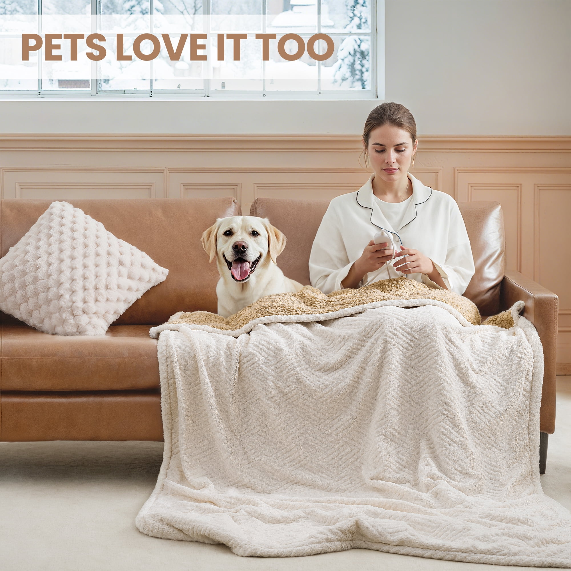 MARNUR Heated Blanket Extra Large Electric Throw 50"×72", Jacquard Faux Fur & Sherpa Heated Throw Blanket with 10 Heat Levels, 4H Timer, Machine Washable, White