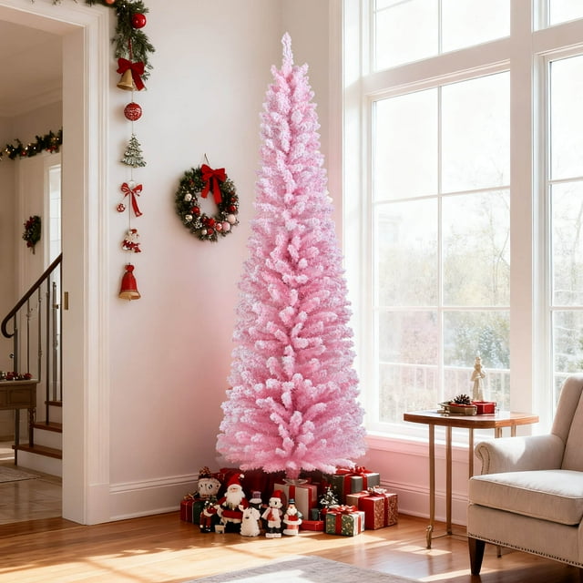 Costway 6 FT Artificial Pink Christmas Tree with 460 Branch Tips Folding Metal Stand