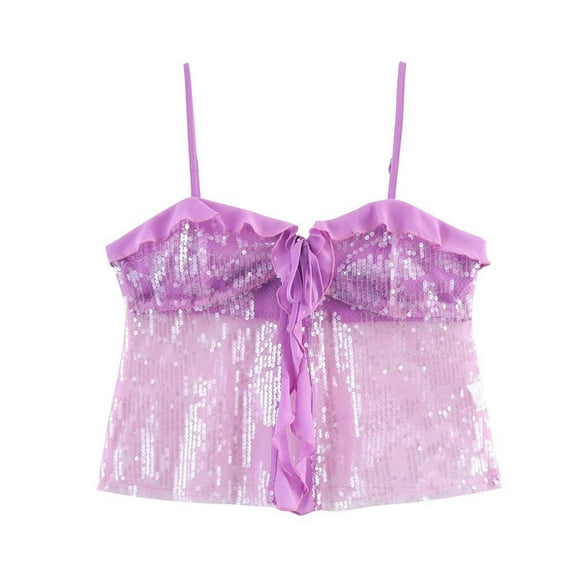 Sequins Camisole Tops for Women Party Club Cropped Going Out Outfits Sleeveless Sparkly Shiny Cami Disco Blouses (S, Purple)