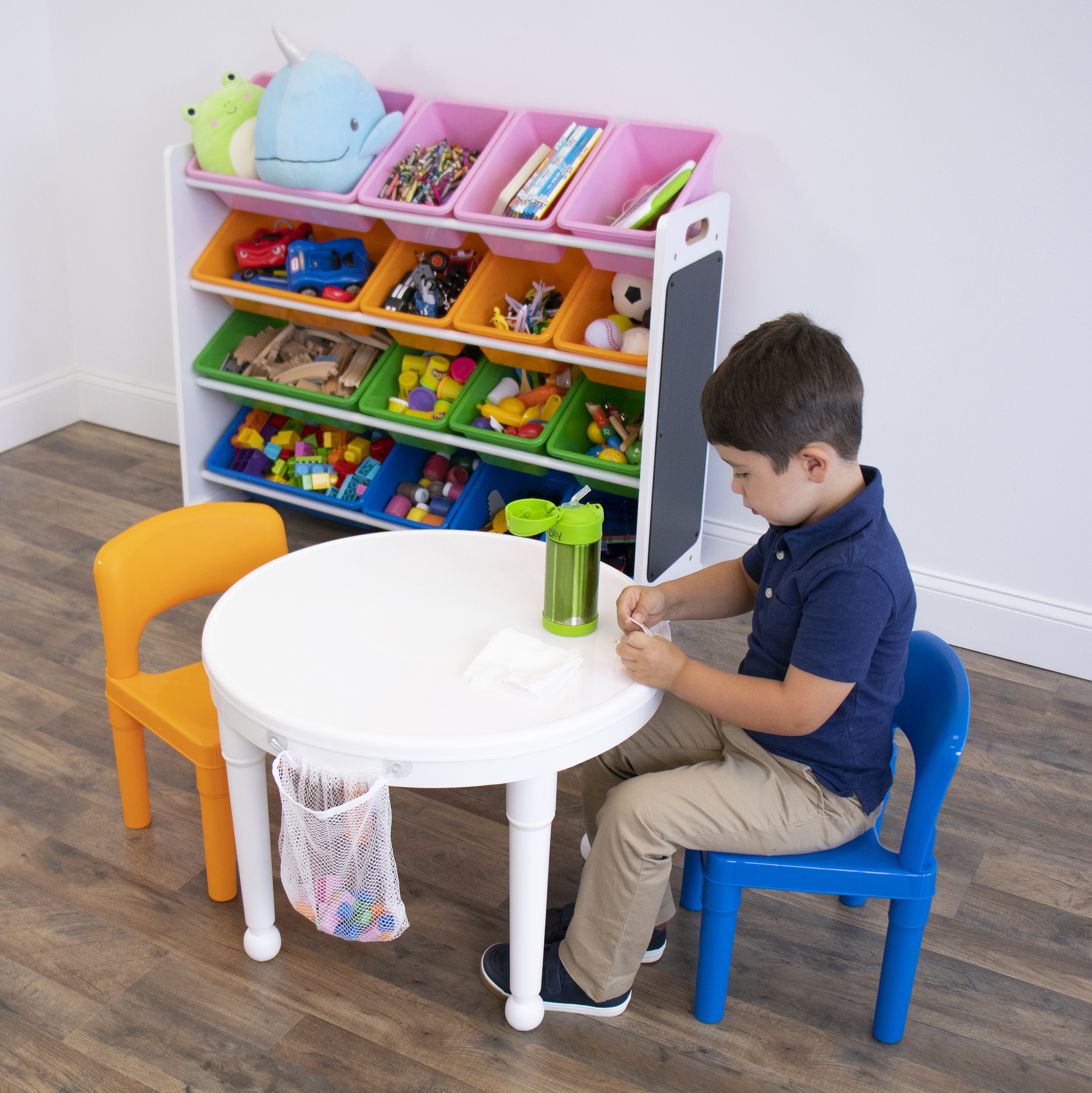 Humble Crew Kids 3pc Plastic Dry-Erase Activity Table & Chair Set with 100 Building Blocks, White, Orange, Blue - image 4 of 20