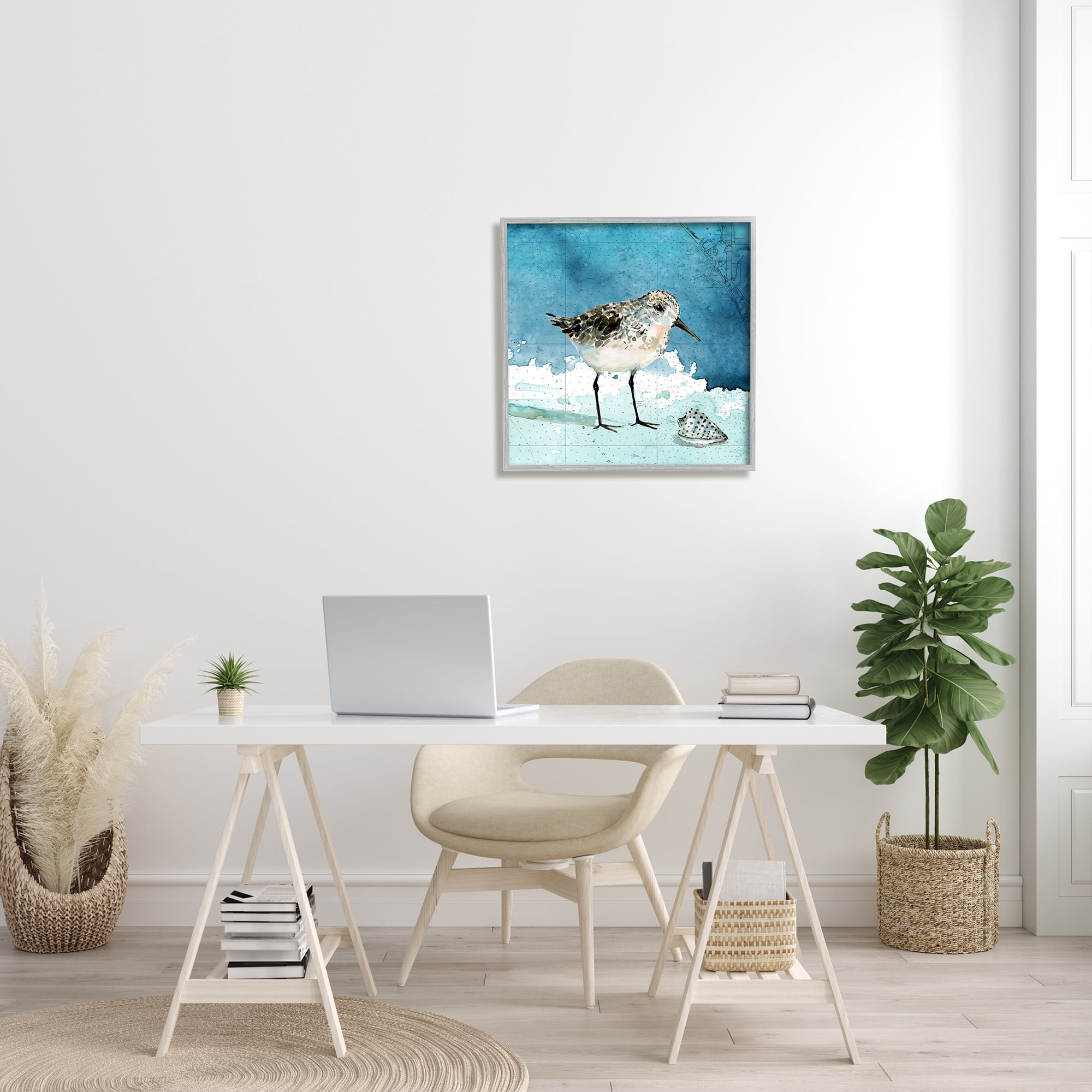 Stupell Industries Sandpiper Bird and Shell Nautical Ocean Map Animals & Insects Painting Gray Framed Art Print Wall Art, 24 x 24