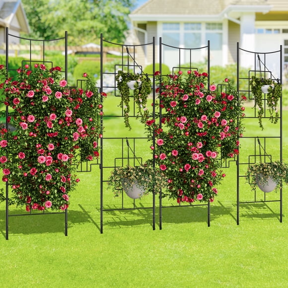 Black Metal Garden Trellis – Heavy Duty Decorative Fence Panels – Rustproof Plant Support & No-Dig Animal Barrier with Gate – Climbing Plants & Yard Perimeter – 66.9x19.48" – 2 Sets – Black