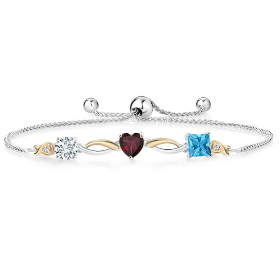 Gem Stone King 925 Silver and 10K Yellow Gold Red Rhodolite Garnet Swiss Blue Topaz and Lab Grown Diamond Tennis Bracelet for Women By Keren Hanan (2.02 cttw, Adjustable up To 9 inch)