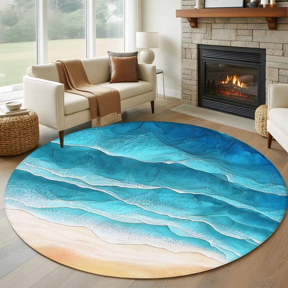 Teal Blue Beach Coastal Round Area Rug 8Ft Washable Large Circle Rugs for Living Room Dorm, Summer Nautical Seaside Ocean Ombre Non-Slip Carpet Floor Mats Indoor Outdoor Carpet Runner Home Decor