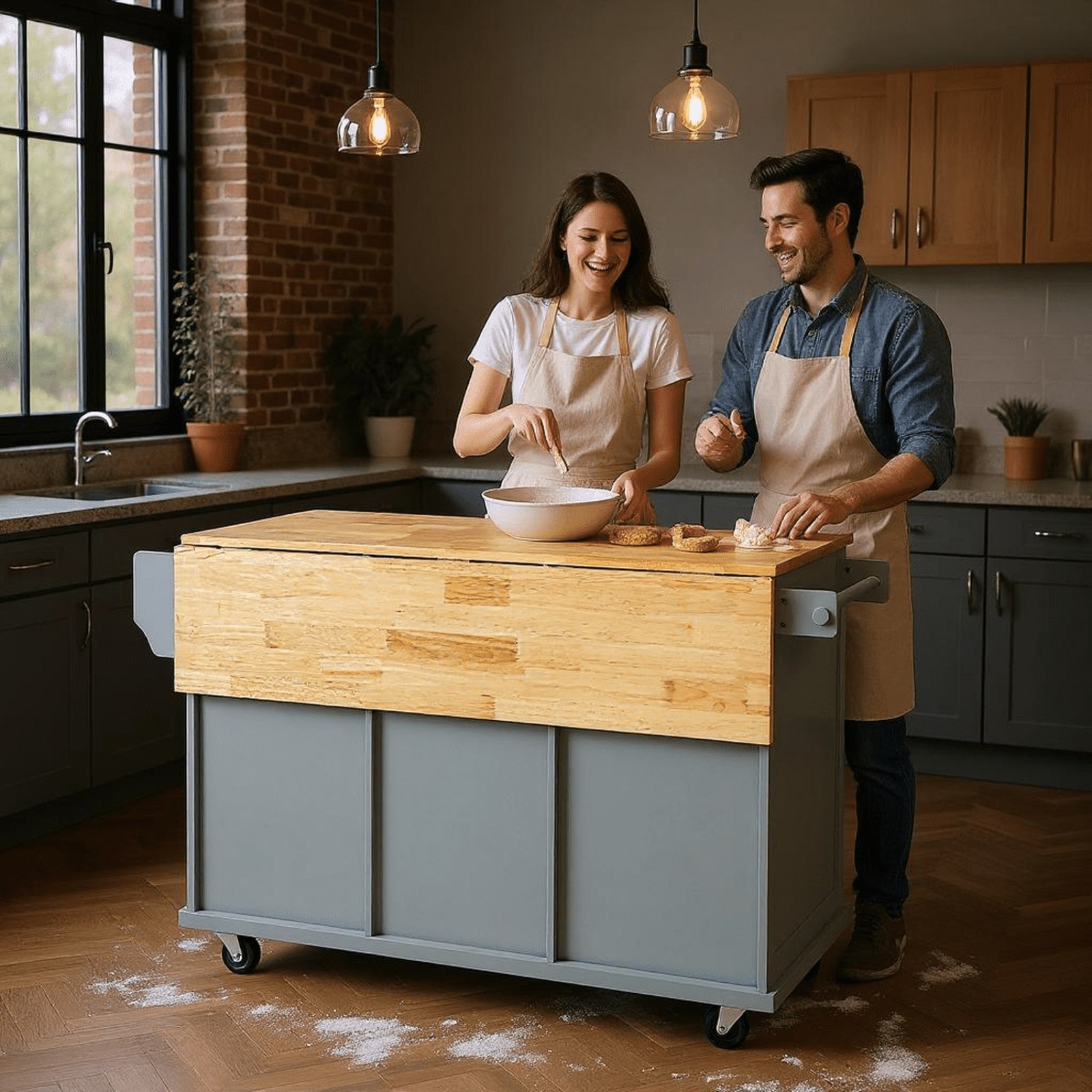 Homy Casa Rolling Kitchen Island with Drop Leaf, Storage Drawers, Spice Rack & Wheels, Dusty Blue