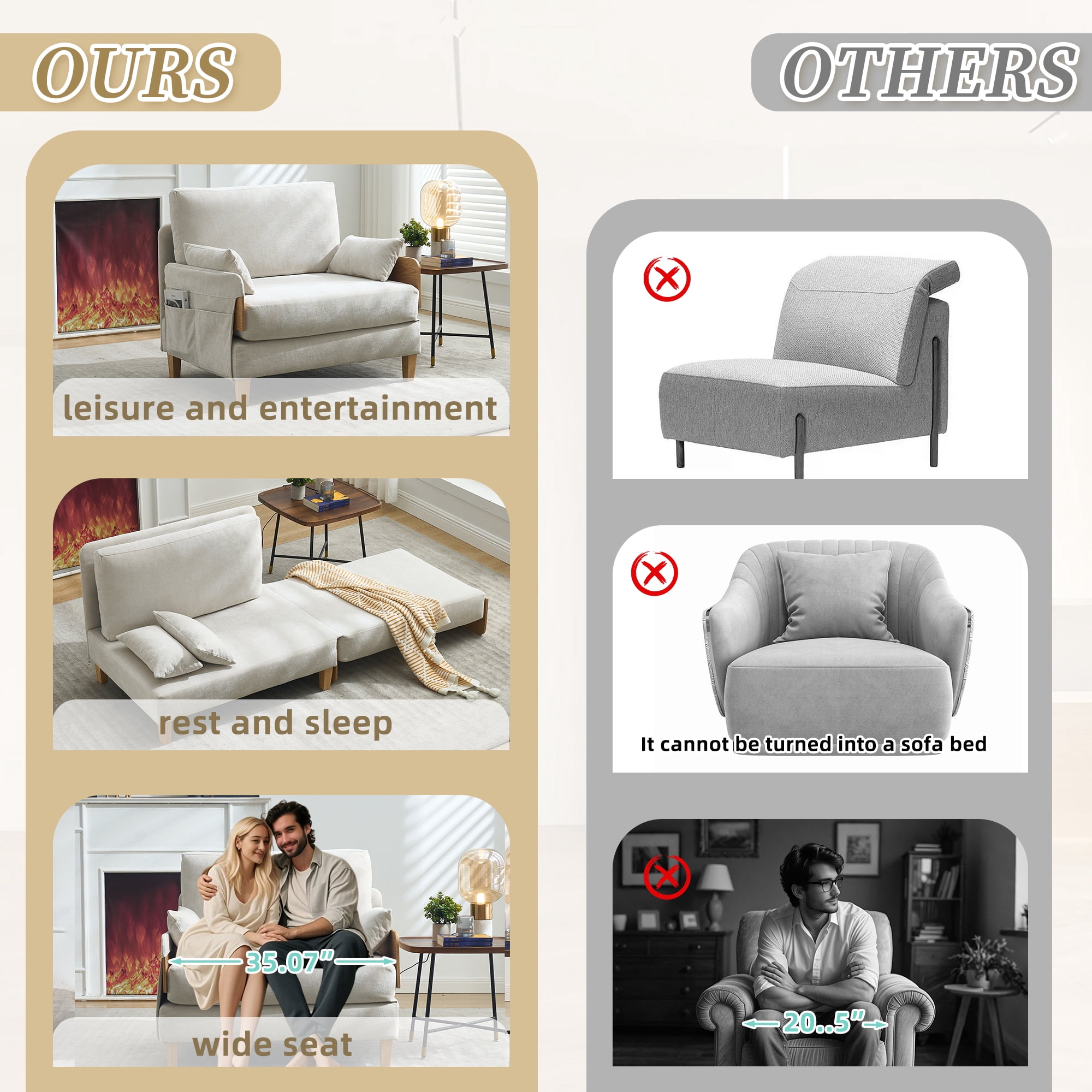 MOONMISS Chenille 3-in-1 Convertible Sleeper Foldable Sofa Bed Recliner Chair with 3 Pillows,Beige
