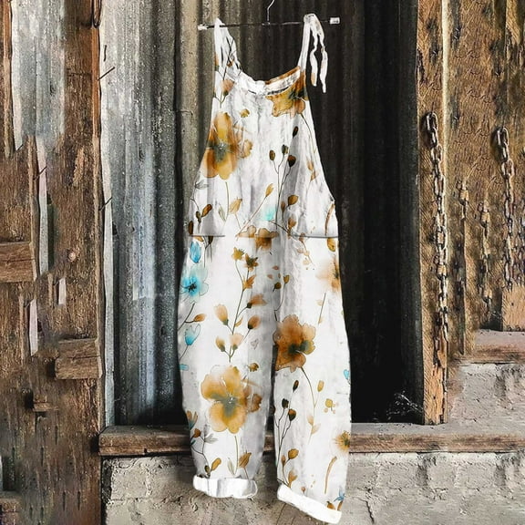 Women's Summer Jumpsuits Boho Wide Leg Overalls Casual Floral Print Rompers Beach Outfits with Pockets Yellow M