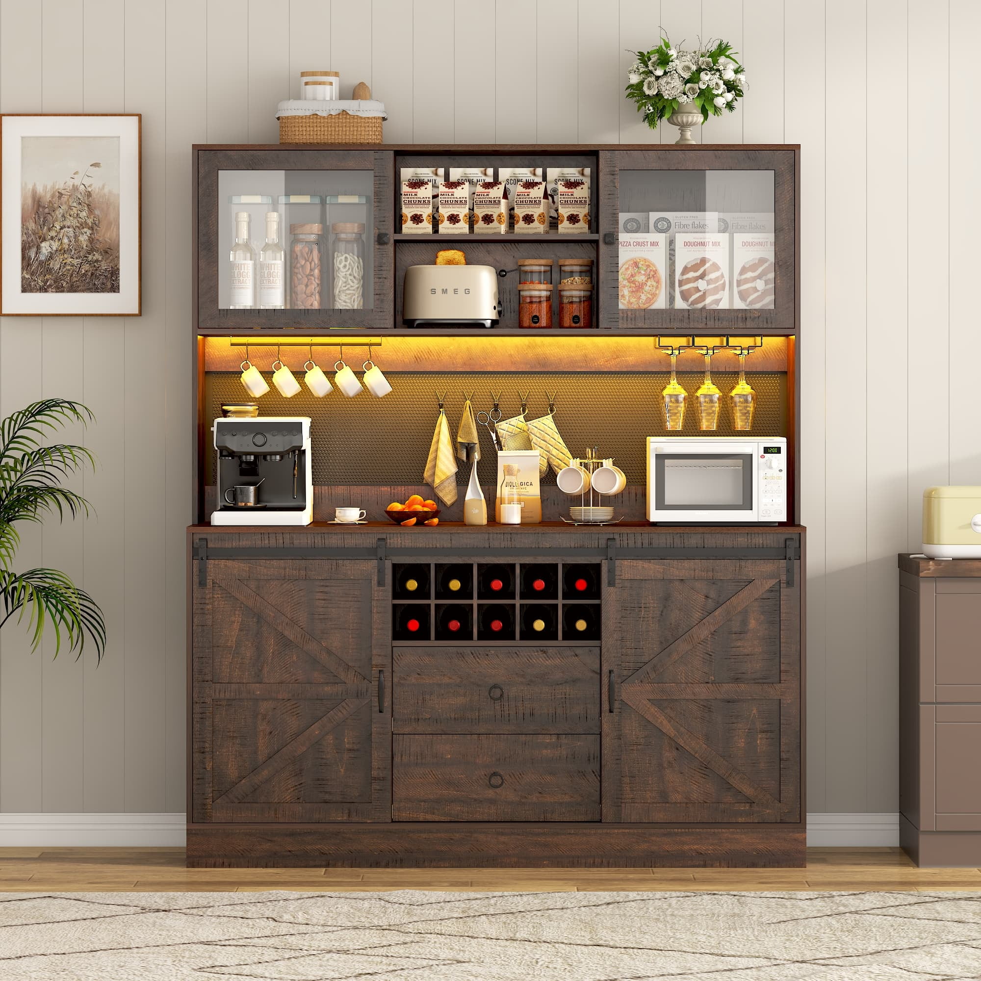 74" Farmhouse Kitchen Pantry Storage Cabinet with LED Light & Charging Station, 63" W Coffee Bar Cabinet Kitchen Cupboard with Hutch and Sliding Barn Doors, Pegboard