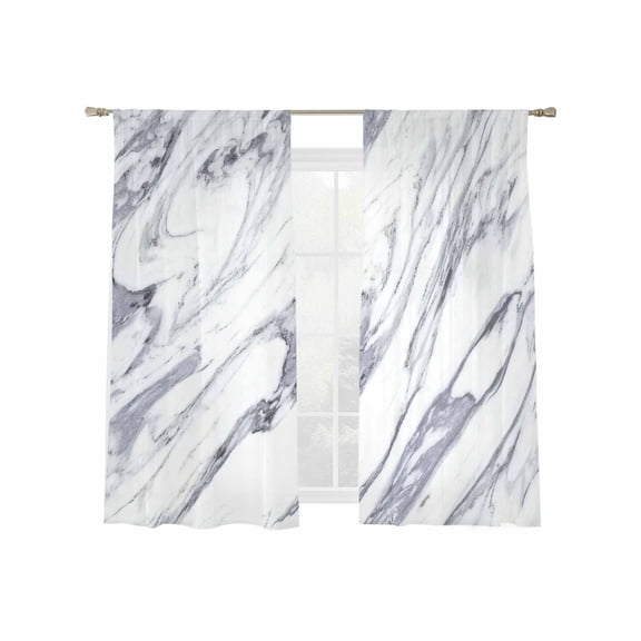 Abstract Art Sheer Curtains 63 inches Long, White Gray Marble Texture Modern Style Light Filtering Sheer Window Curtains Rod Pocket Voile Drapes for Bedroom Living Room, 2 Panels 52"W x 63"L