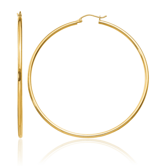 10K Solid Yellow Gold 2mm Tube Round Large Hoop Earrings