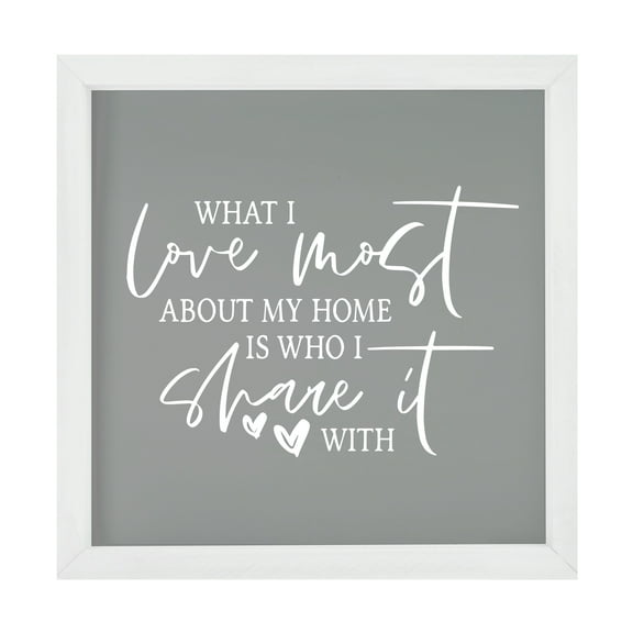 LifeSong Milestones 7x7 Modern Inspirational Framed Shadow Box for Wall Decoration - What I Love Most About My Home (Script) (Ivory)