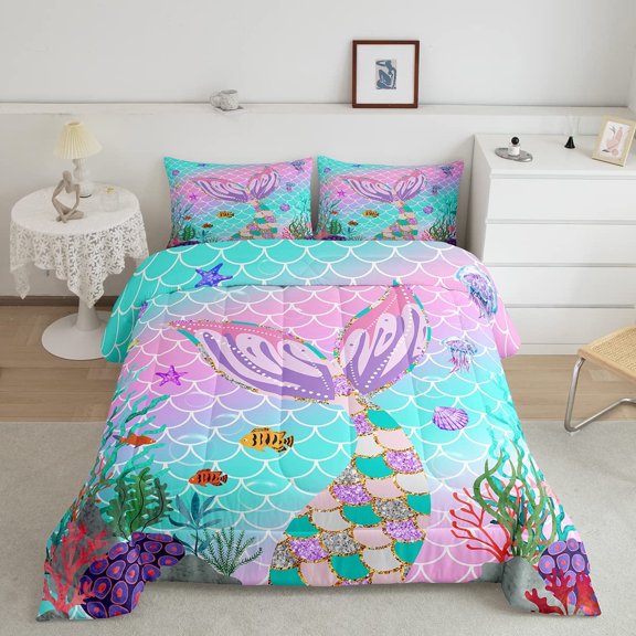 Erosebridal Mermaid Tail Comforter Set, Fish Scales Down Comforter Twin,Girly Rainbow Bedding Set Ocean Life Sea Animal Quilted Duvet Teal Sequins Pastel Pink Paillette Bedroom Decor,Multicolor