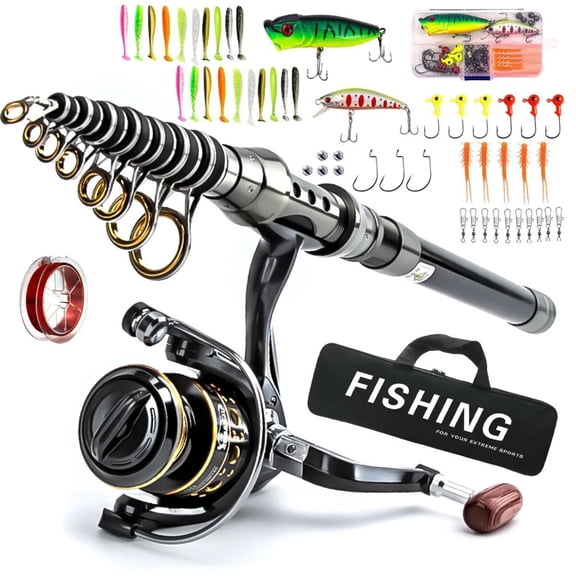 Portable Carbon Fiber Pattern Telescopic Fishing Rod Kit with Spinning Reel & Tackle Box, 7ft 9-Section Travel Fishing Pole for Saltwater/Freshwater, Complete Fishing Gear Set