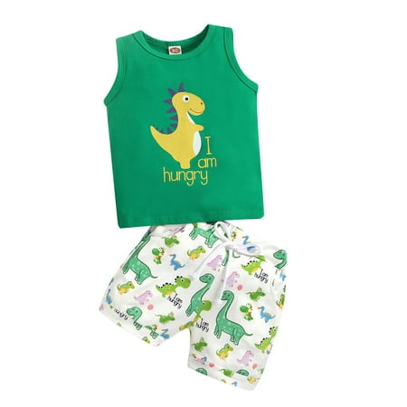 

xkwyshop Toddler Baby Boy Summer Set T Shirt Tank Tops Cartoon Dinosaur Print Sleeveless Vest Shorts 2Pcs Outfit Green