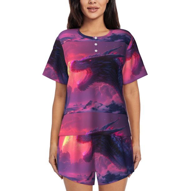 Balery Mystical Dragon Under Moon Conjunto de Pijama para Mujer con Estampado, Dos Piezas de Manga Corta y Shorts, Ropa de Dormir Suave con Cuello Redondo y Bolsillos-Large