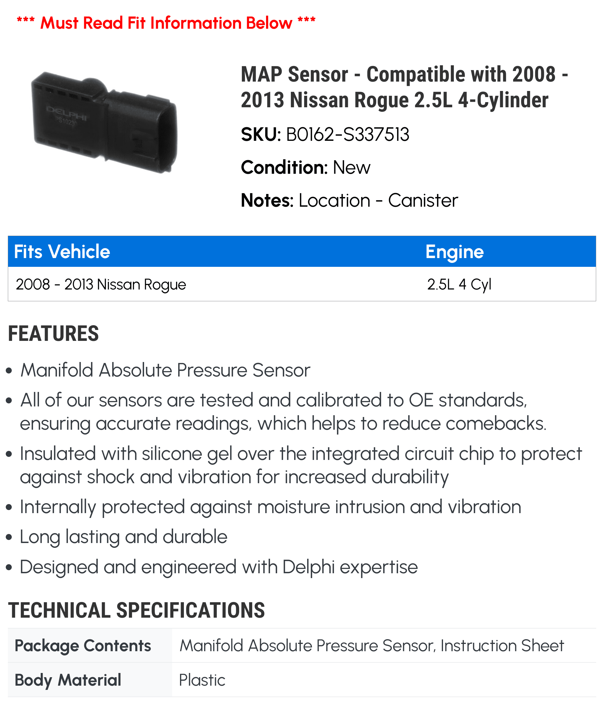 MAP Sensor - Compatible with 2008 - 2013 Nissan Rogue 2.5L 4-Cylinder 2009 2010 2011 2012