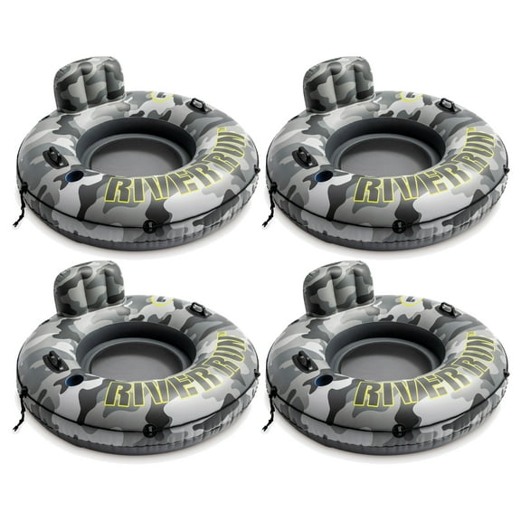 Intex River Run I Camo Inflatable Floating Tube Raft w/Cup Holders (4 Pack)