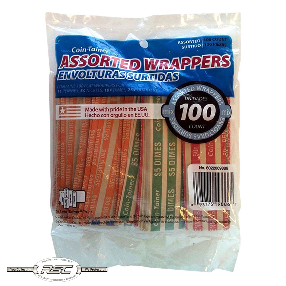 100 CoinTainer Assorted Flat Coin Wrappers for Penny, Nickel, Dime