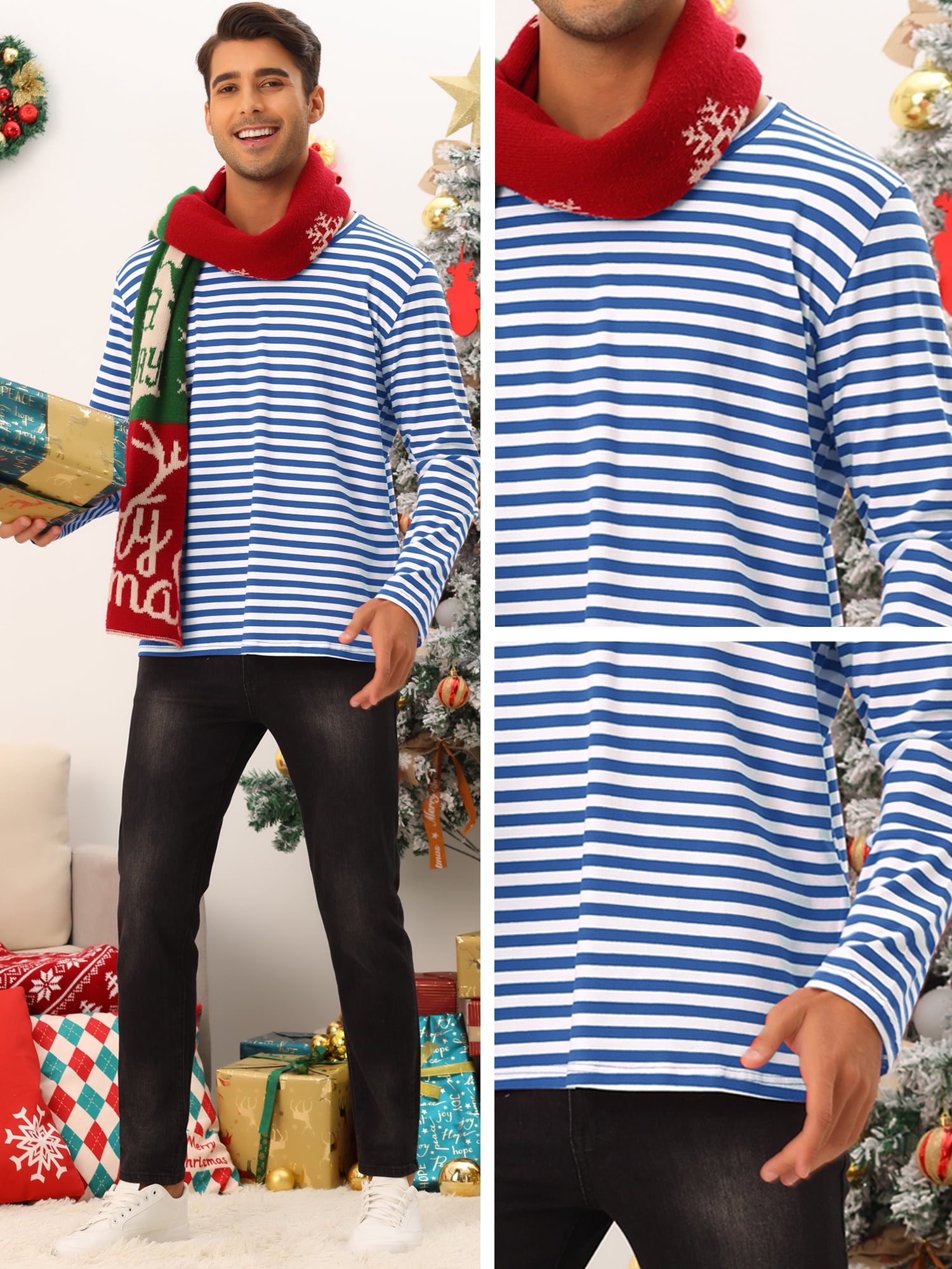 Unique Bargains Men's Striped T-Shirt Crew Neck Long Sleeves Pullover Tee Tops 2XL Blue White