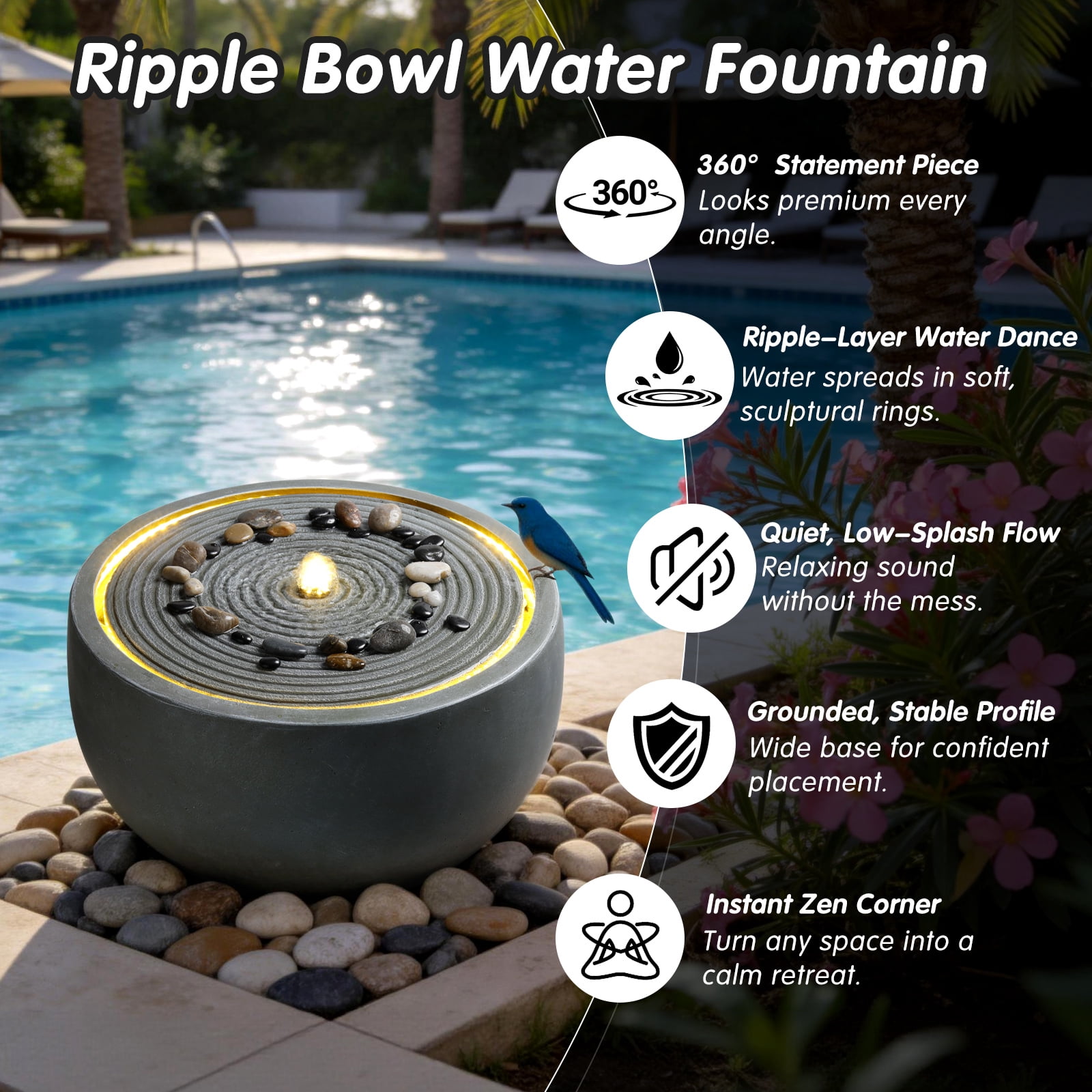 Mintazer 19.3" Modern Round Bowl Ripple Water Fountain with LED Light, Outdoor Garden Fountain with Natural River Stones for Patio Porch Backyard