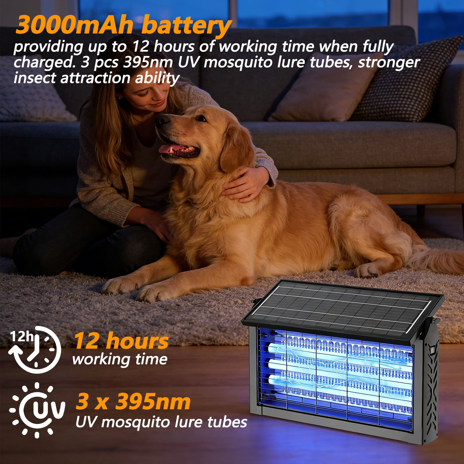 Solar-Powered Bug Zapper, 4200V Electric Insect Trap with 395nm Light Tube, 3000mAh Battery, IPX67 Waterproof, for Patio, Garden, Backyard and Indoor Use (50*24.5CM)