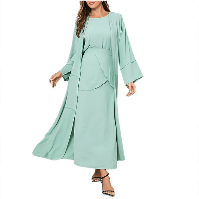 Women's Muslim Abaya Three Piece Set Islamic Prayer Robe Open Front Flowy Maxi Cardigan Short Slevve Shirt and Skirt