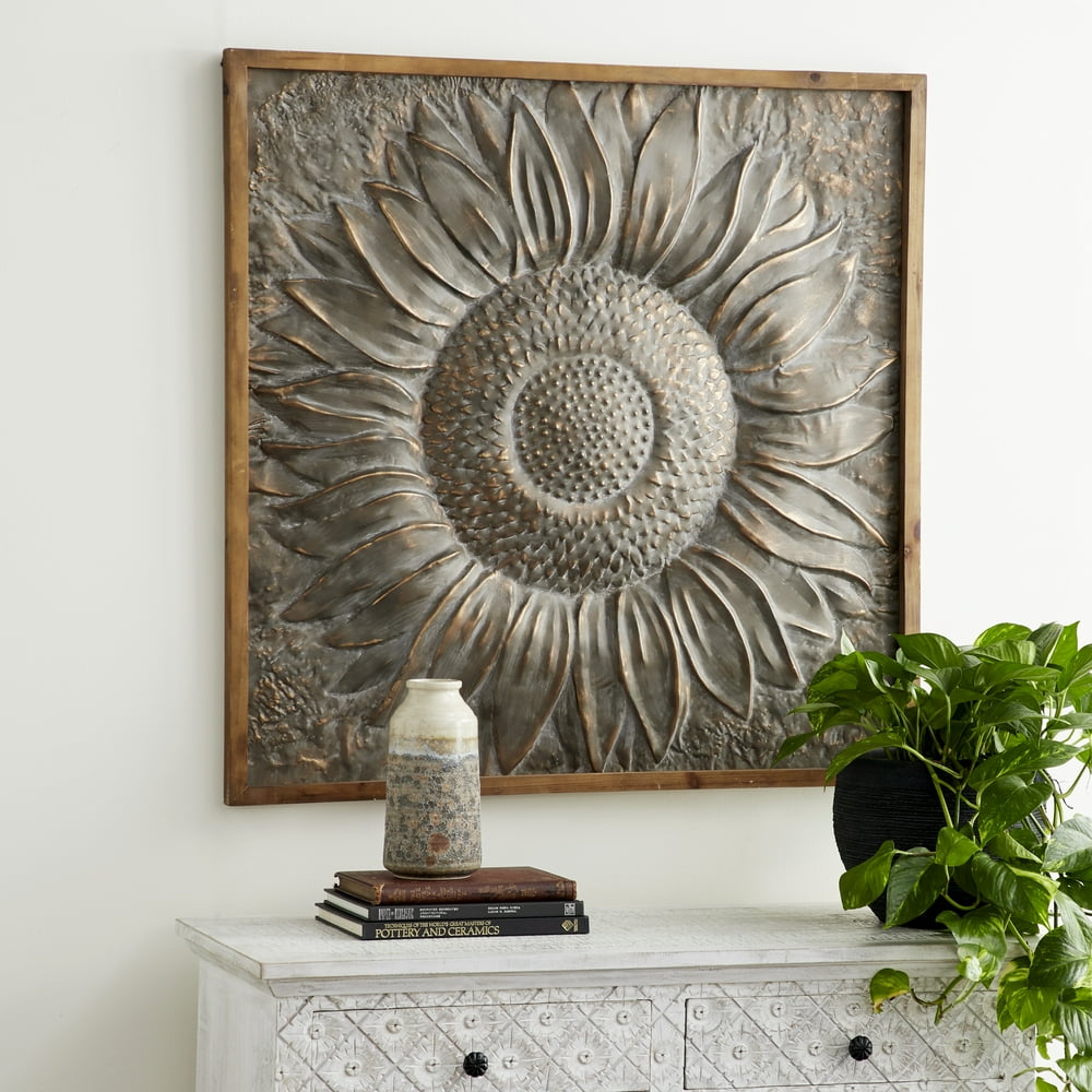 Decmode Large Framed Metal Sunflower Wall Decor, 39" x 39"