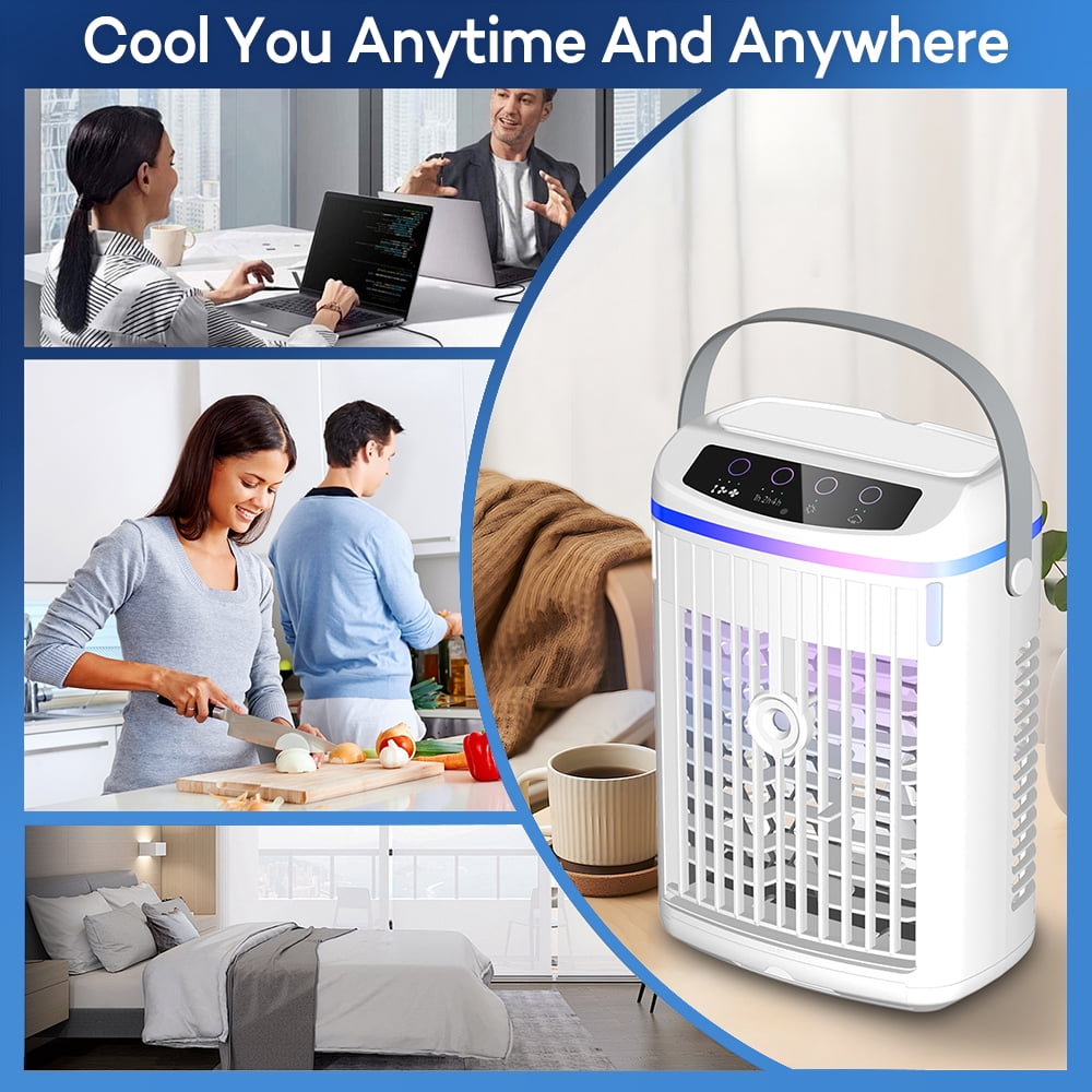Flaremore Portable Mini Air Conditioner Fan, USB Evaporative Cooler with 3 Wind Speeds, 3 Timers, and Touch Screen Control, for Home, Office, Camping, or Car Use, White