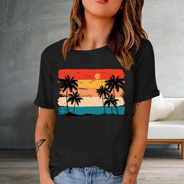 ICHUANYI Clearance Fashion Woman Print Round-Neck Short Sleeve T-Shirt Printing Loose Blouse Tops(Black, XXL) ICHUANYI WER2023081106450