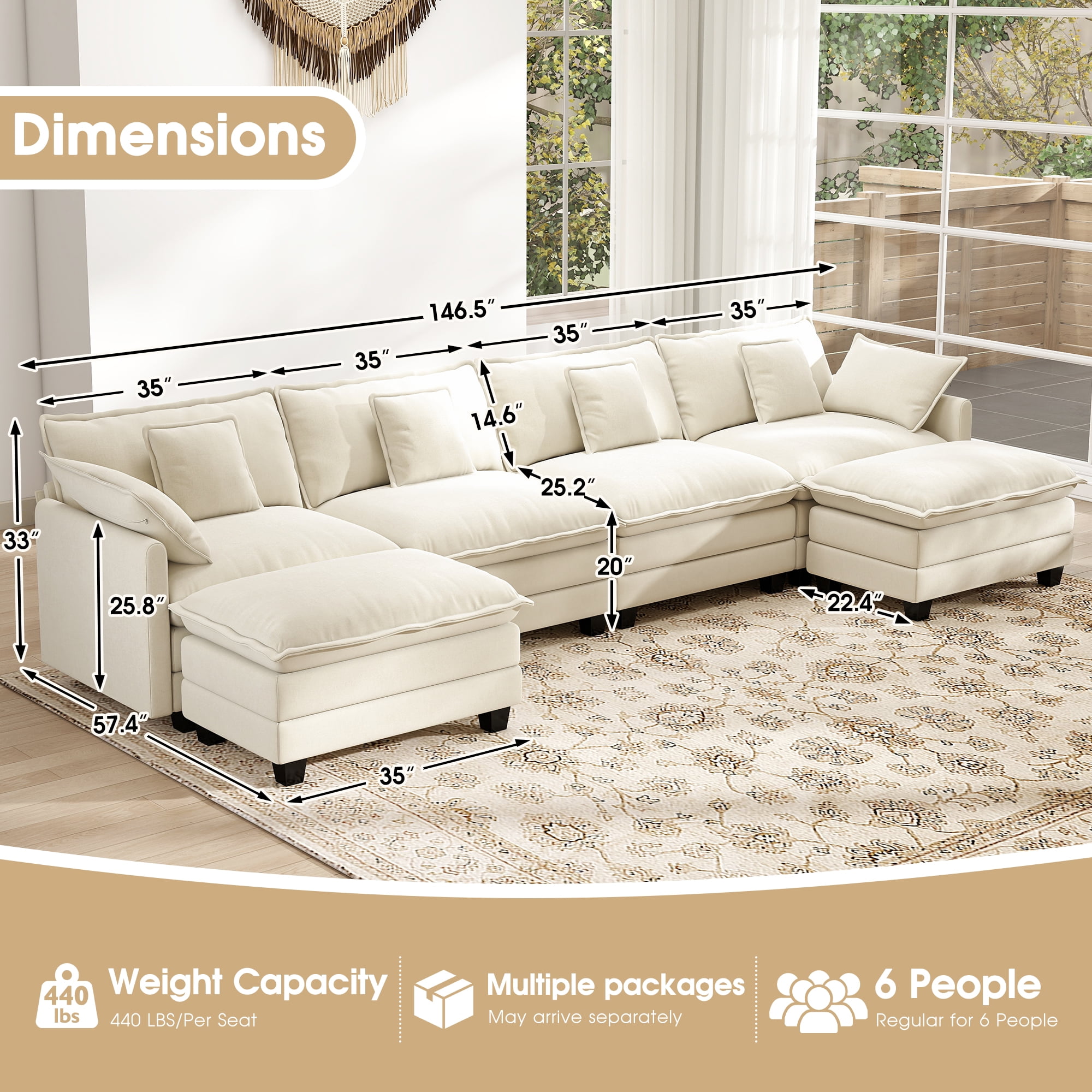 BedLuxury 146.5'' U shape Modular Sectional Sofa with Movable Ottomans, Modern Chenille Deep Seat Couches for Living Room, Apartment, Office, 4-Seat, Beige