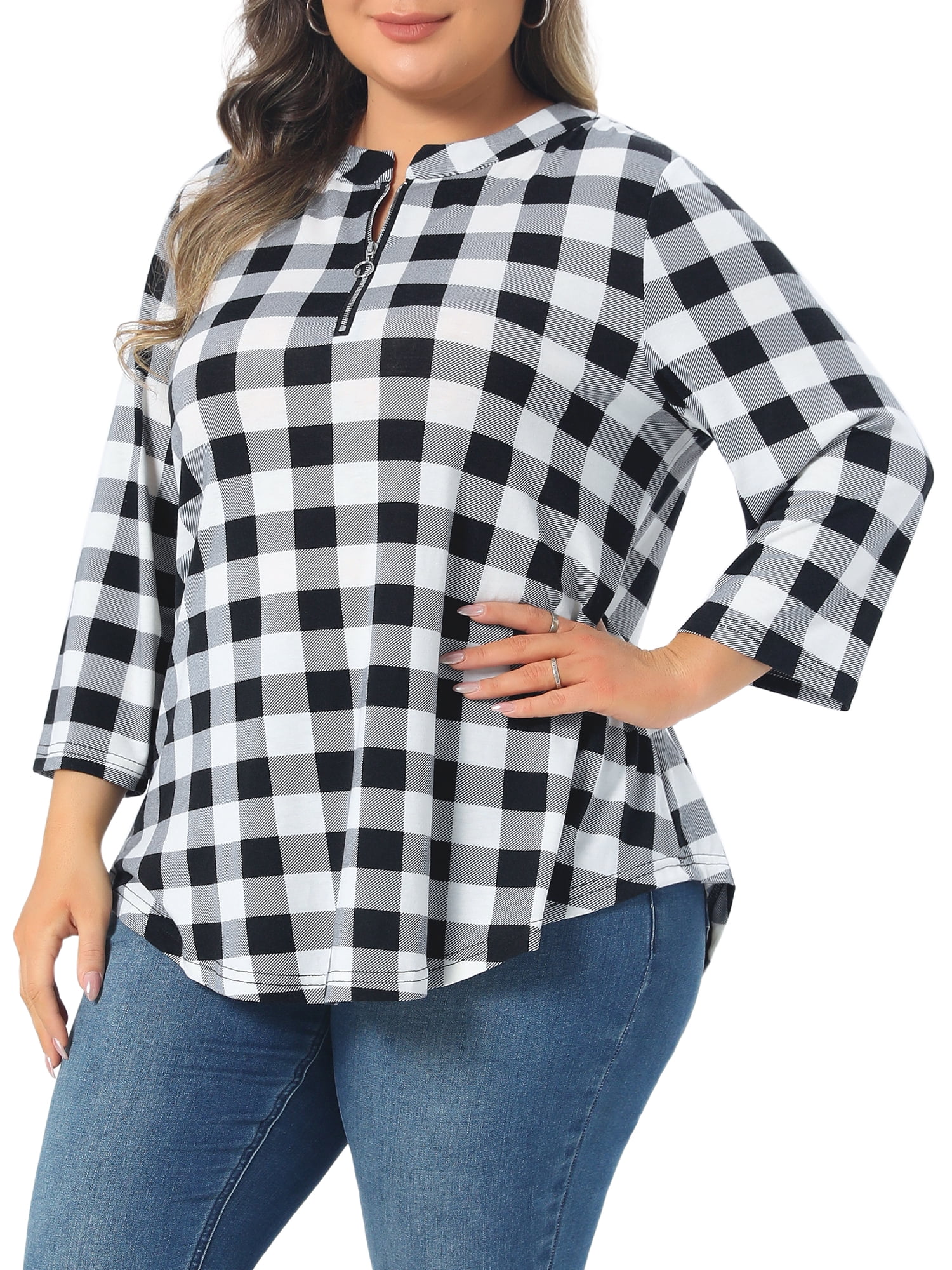 DARING DIVA Women' Plus Size 3/4 Sleeve Zip Up Floral Print V Neck Blouse 3X White