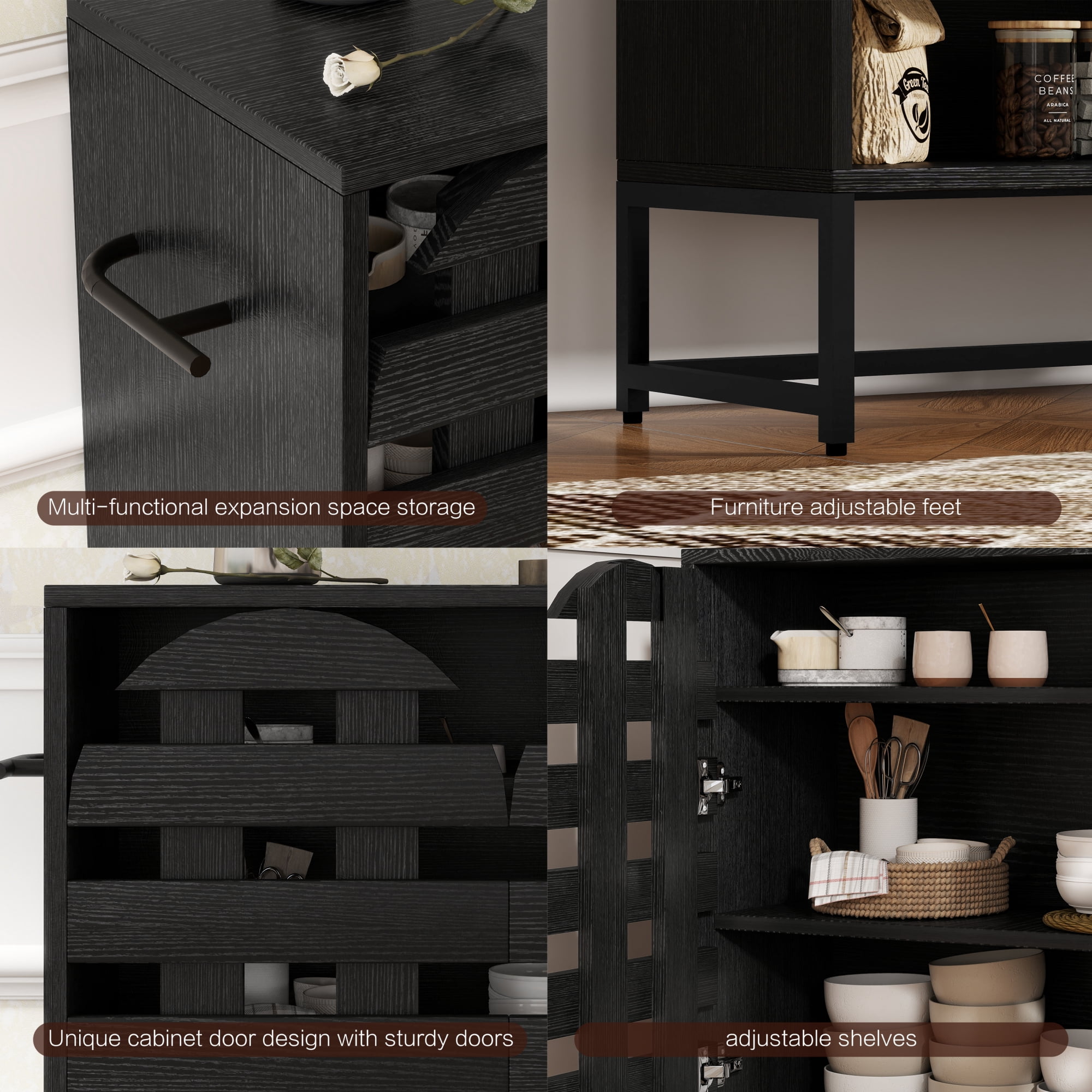 Leumius 44.3"Farmhouse Sideboard Cabinet with Storage,Coffee Bar Console Table With Storage,Rustic Storage Cabinet with Arched Lattice Doors and Drawer for Living Room Kitchen Entryway Black