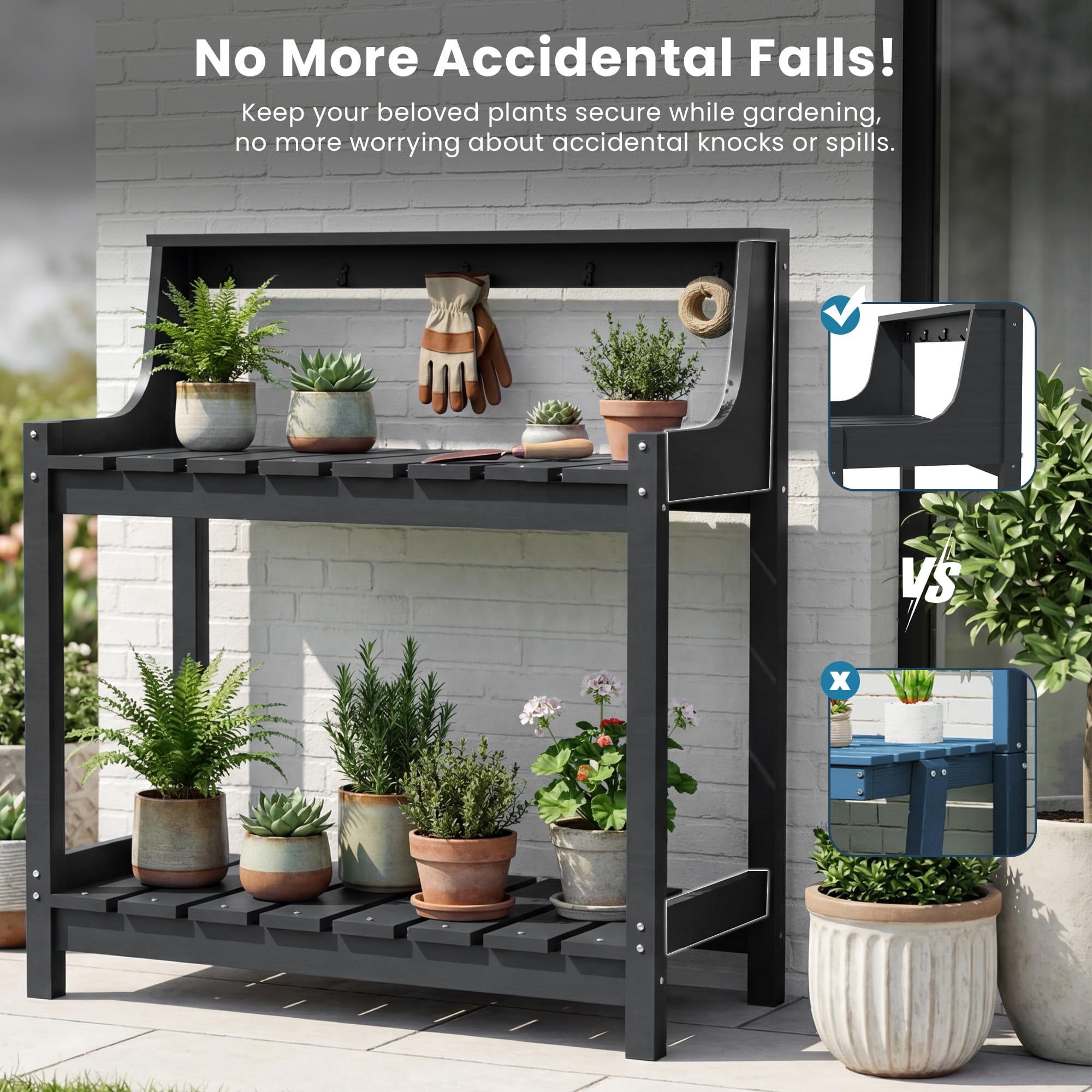 HDPE Potting Bench, All-Weather Outdoor Potting Table with 3-Tier Storage, 43.3” Ergonomic Height Garden Workstation for Patio Backyard Garden, Gray
