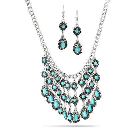 WOMEN'S ANTIQUE-LOOK TEAR DROP TURQUOISE EARRING AND STATEMENT NECKLACE SET