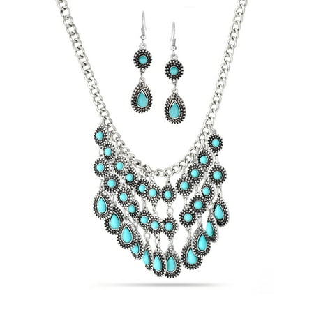 Turquoise Nugget Set - WOMEN'S ANTIQUE-LOOK TEAR DROP TURQUOISE EARRING AND STATEMENT NECKLACE SET